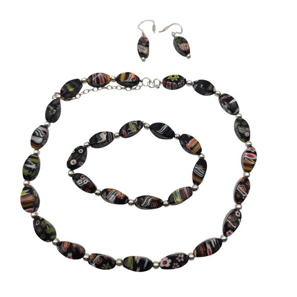 Millefiori Glass Jewelry Set Necklace Bracelet Earrings Black Multicolor Beads - Picture 1 of 7